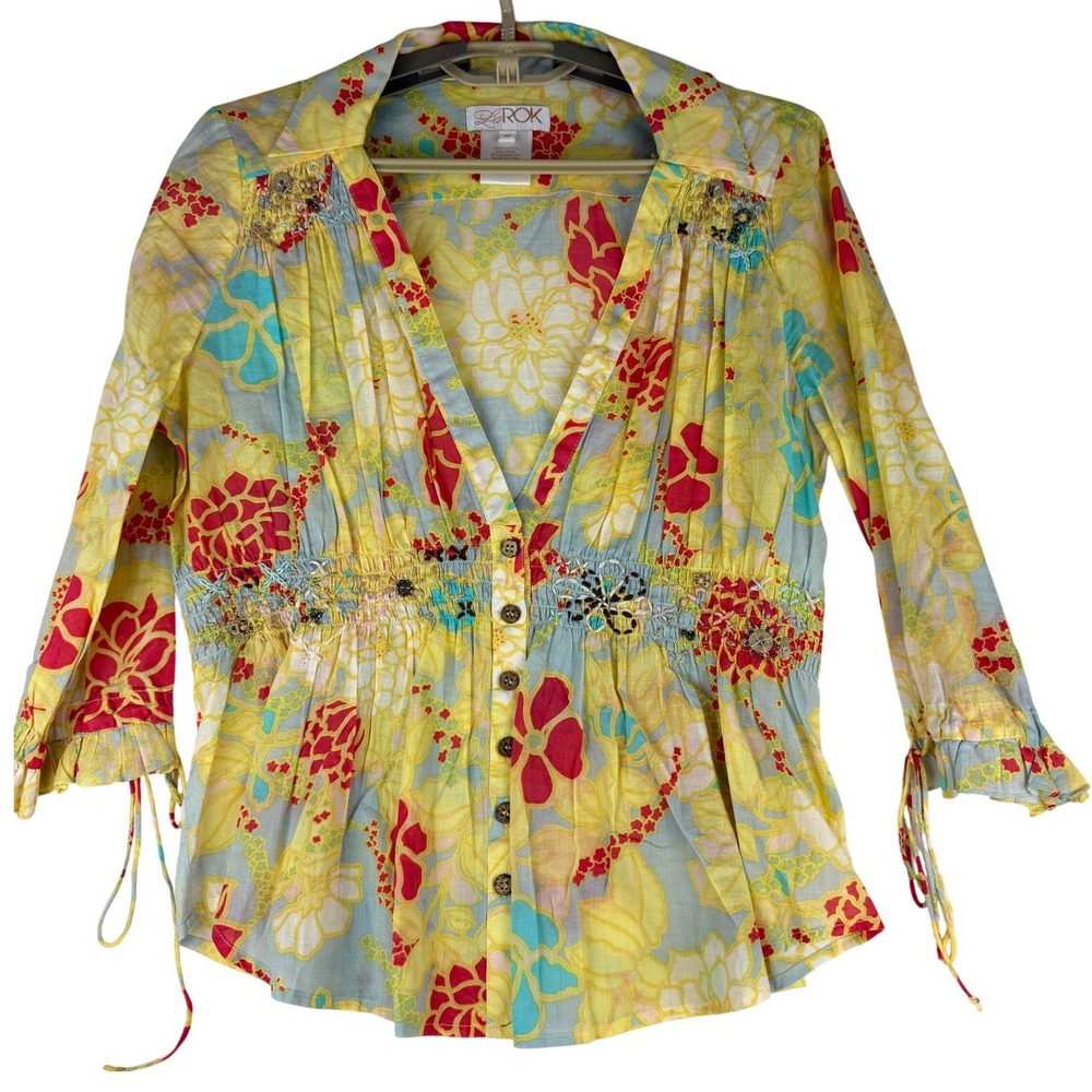 LaROK Womens M Floral Blouse Embroidered Beaded 3/4 Sleeve Boho Cotton Y2K